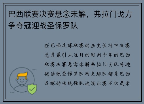 巴西联赛决赛悬念未解，弗拉门戈力争夺冠迎战圣保罗队